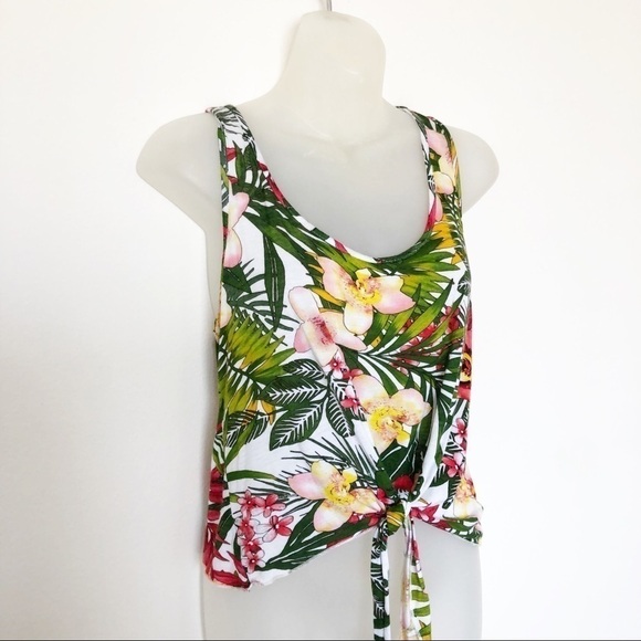 Delias Womens White Tropical Print Sleeveless Tie Up Detail Tank Top SIze XS-S - Picture 2 of 6